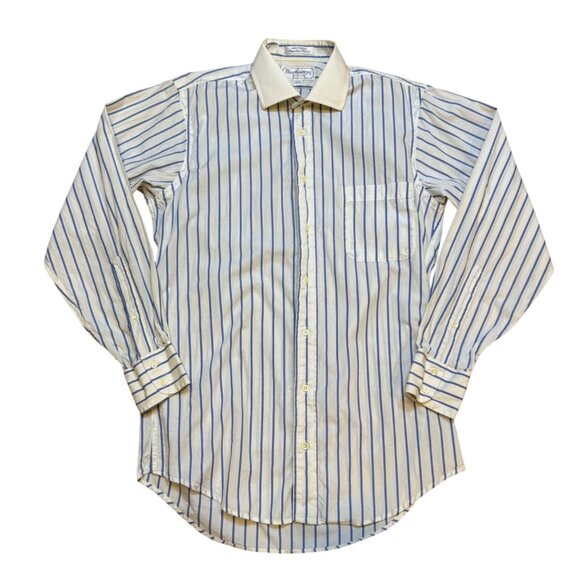 Vintage Burberrys Mens Striped Button Up Shirt 15-33 Blue White Long Sleeve Cott - Picture 1 of 9